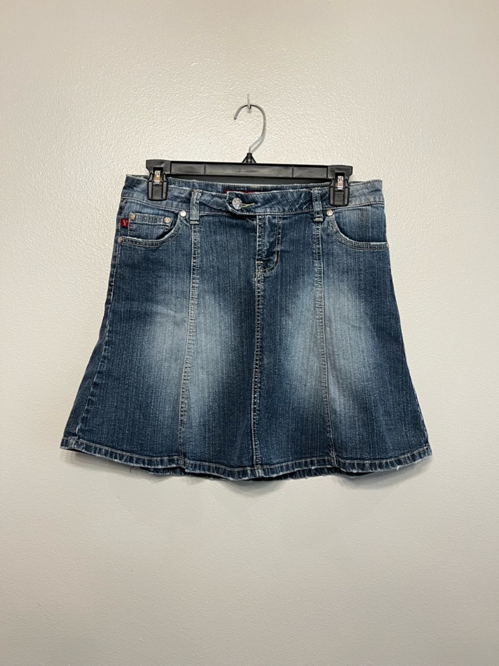 Ymi jeans Y2K Juniors Washed Blue Denim A-Line Skirt Size 5 Distressed Fade
